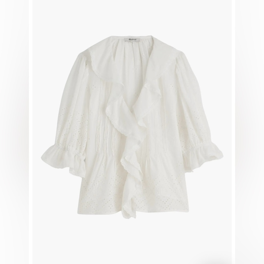 Madewell White Pintuck Ruffle Puff Sleeve Top with Eyelet